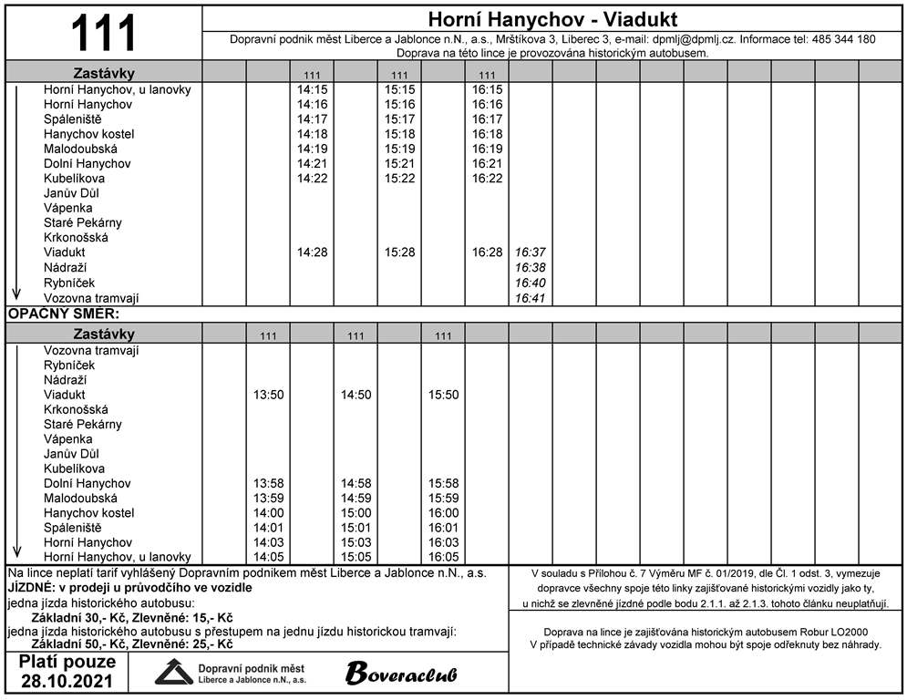 jízdní řád autobusové linky č. 111