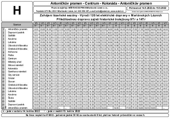 jízdní řád zvláštní linky H